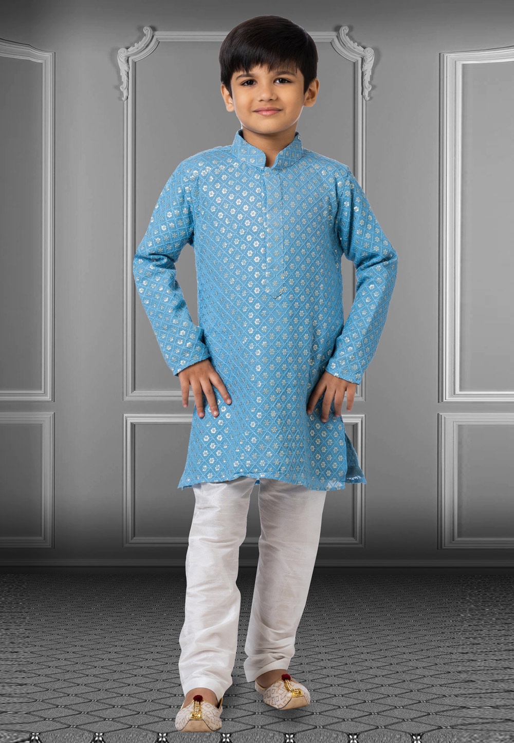 Sky Blue Georgette Readymade Kids Kurta Pajama 250725