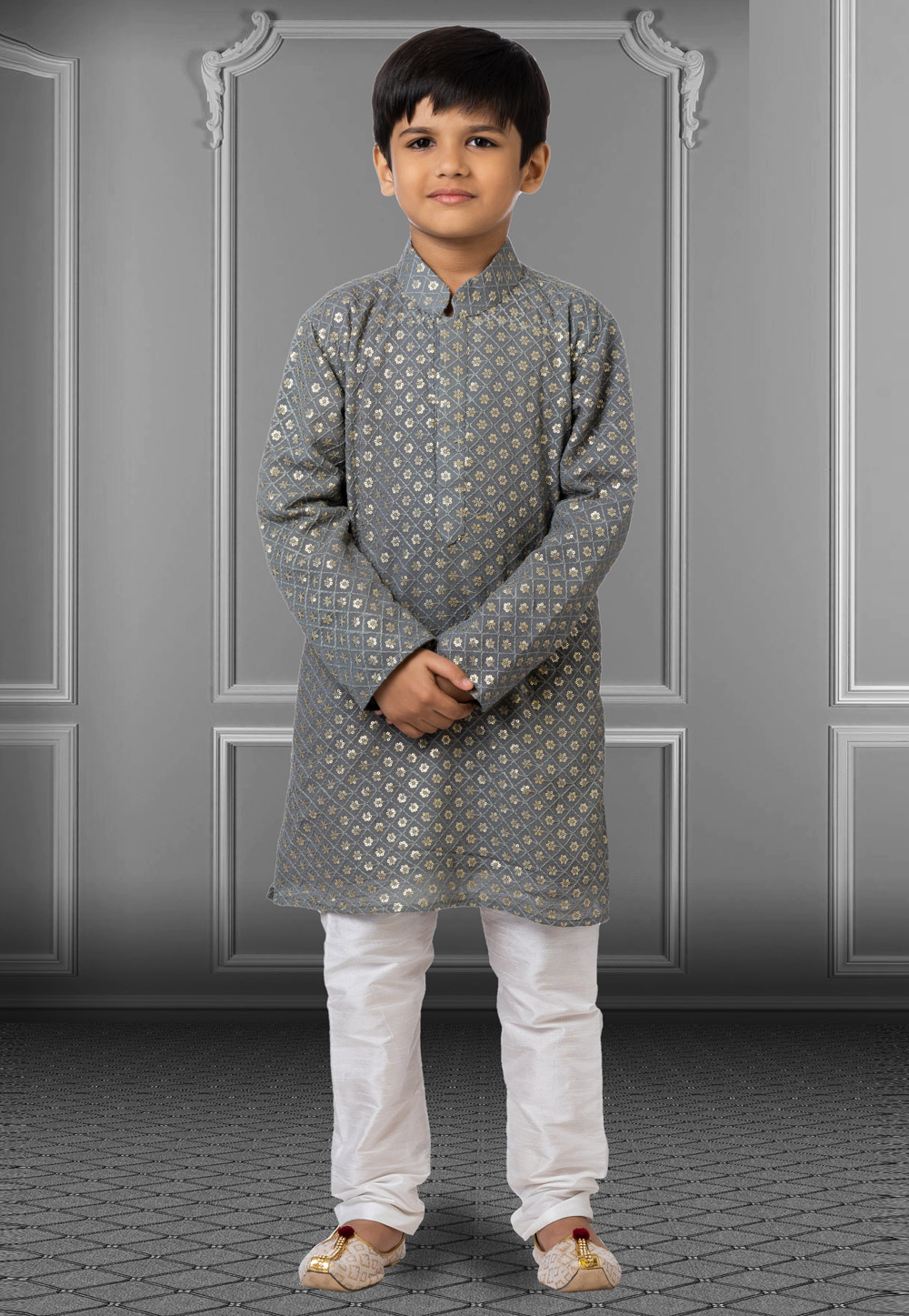 Grey Georgette Readymade Kids Kurta Pajama 250727