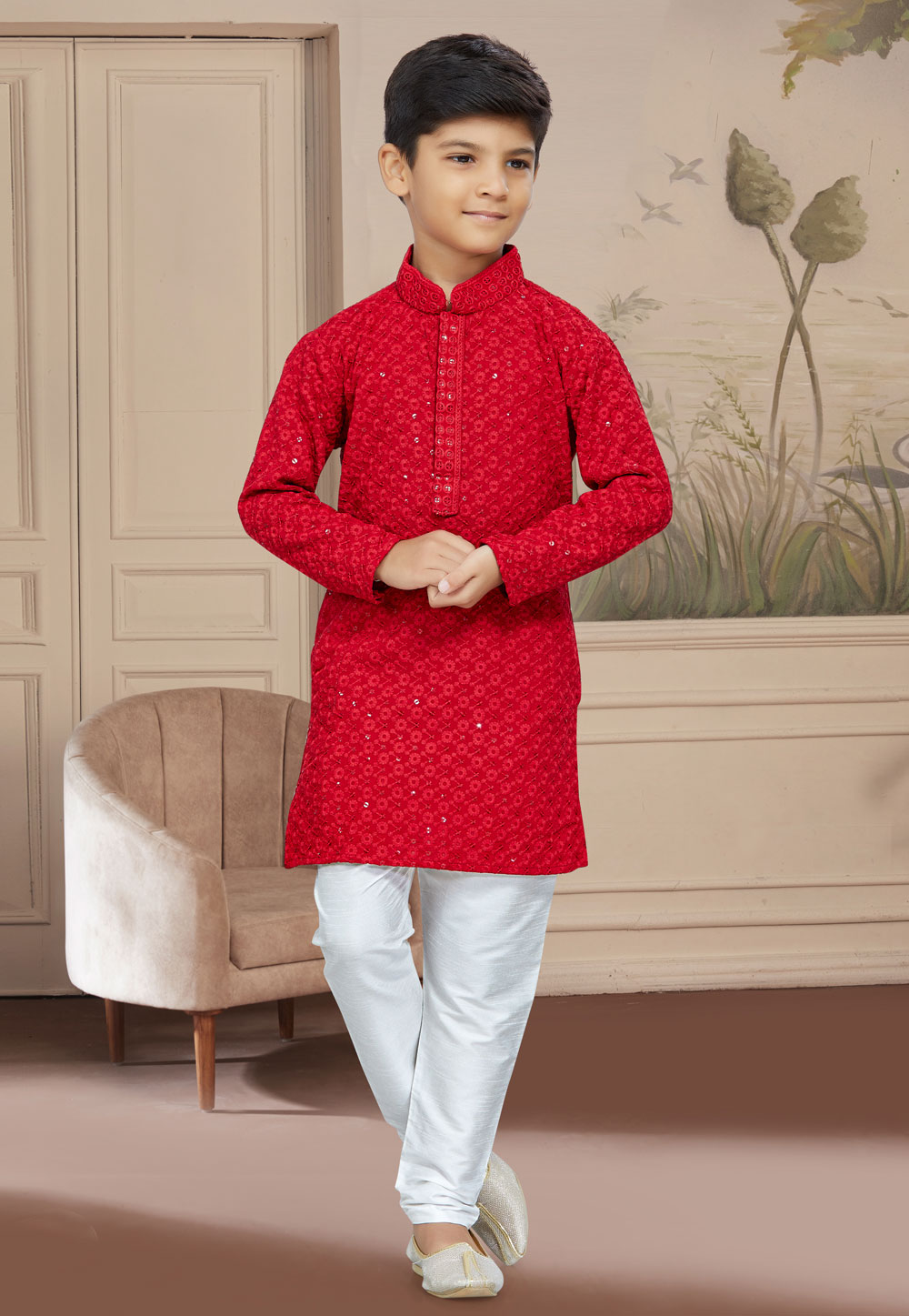 Red Rayon Readymade Kids Kurta Pajama 267592
