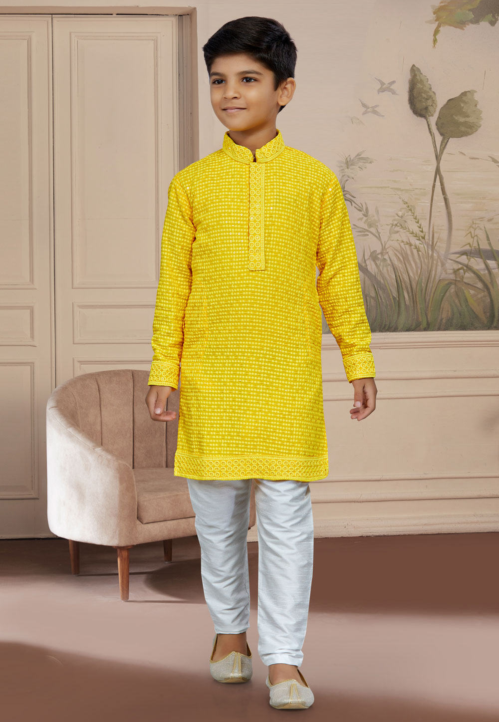 Yellow Rayon Readymade Kids Kurta Pajama 267594
