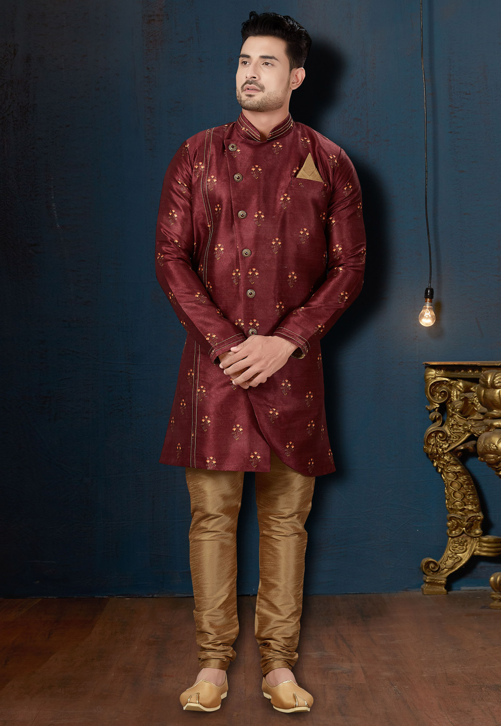 Maroon Silk Readymade Indo Western Suit 182932