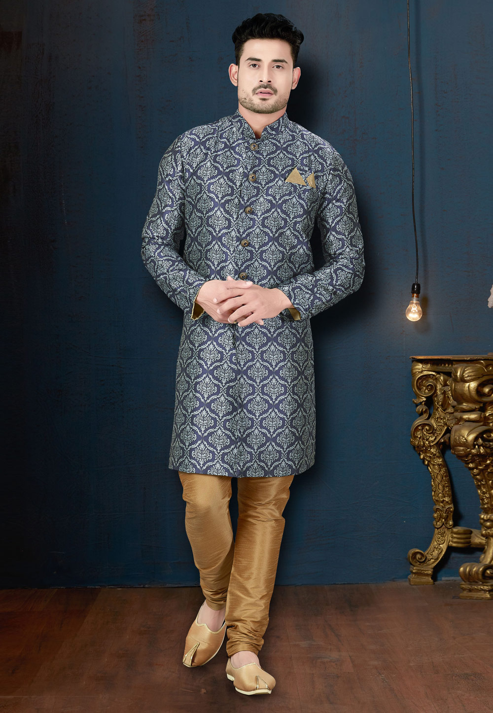 Navy Blue Silk Readymade Indo Western Suit 182936
