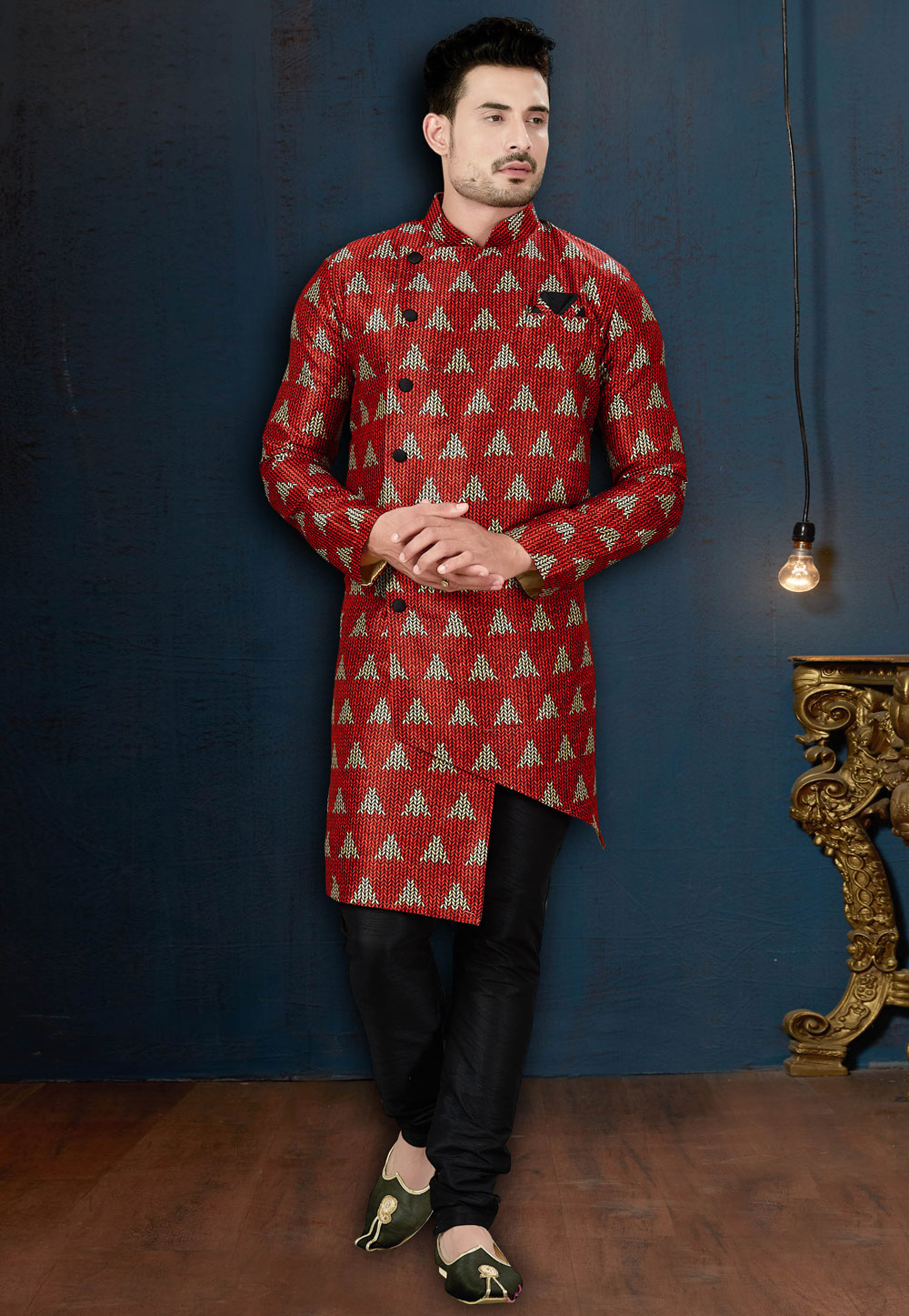 Red Silk Readymade Indo Western Suit 182941
