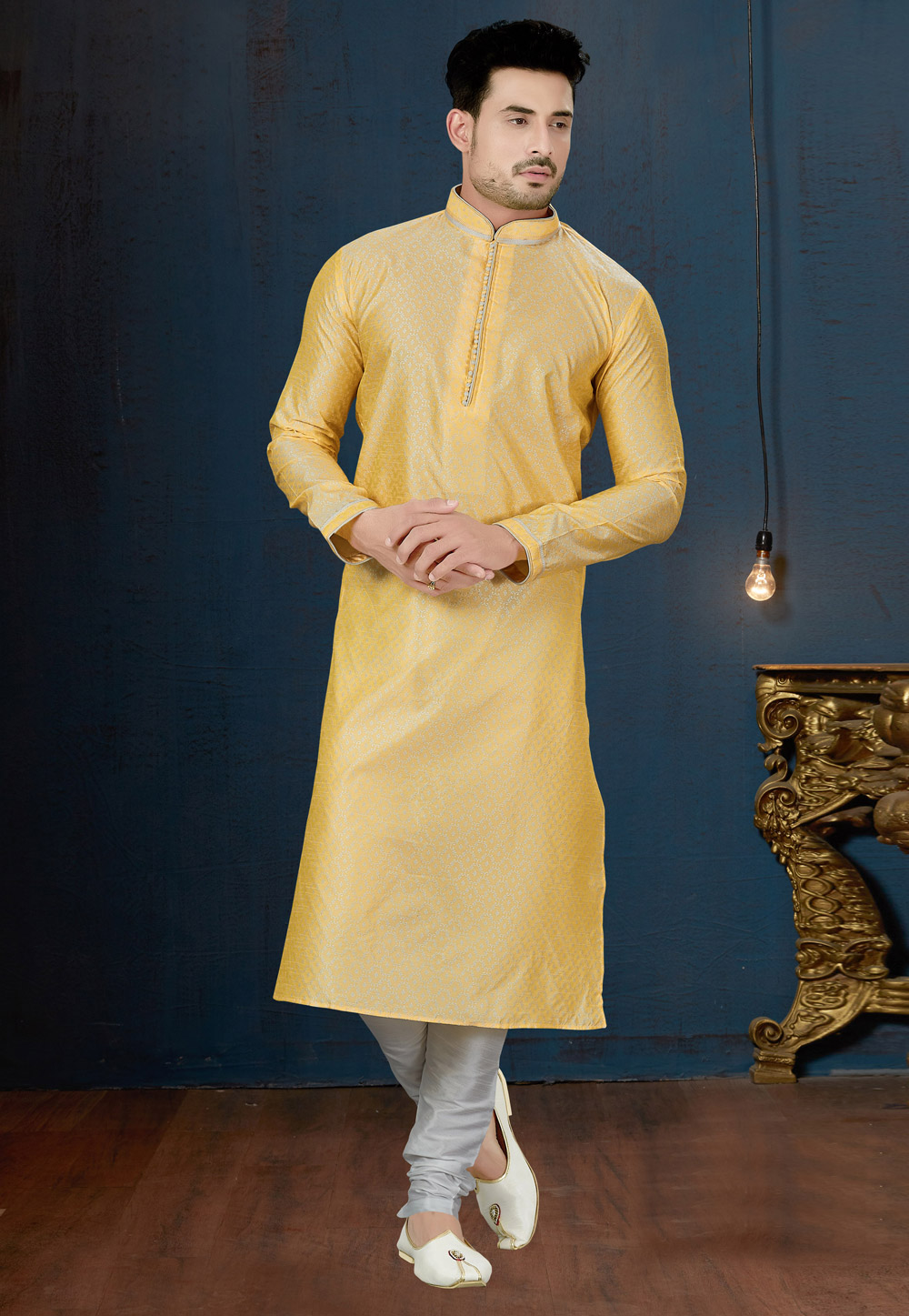Yellow Jacquard Readymade Kurta Pajama 182909