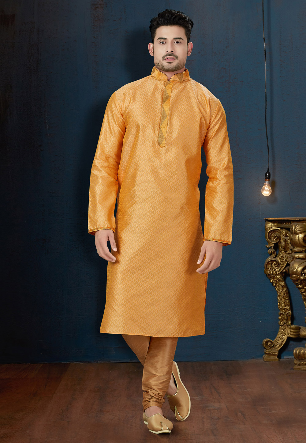 Golden Jacquard Readymade Kurta Pajama 182915