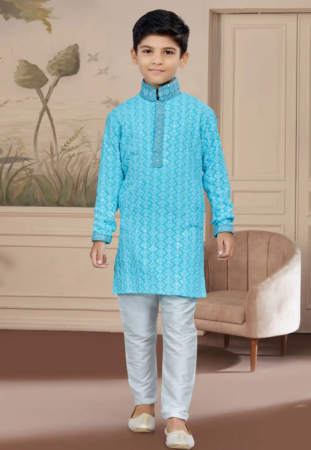 Sky Blue Rayon Readymade Kids Kurta Pajama 267595