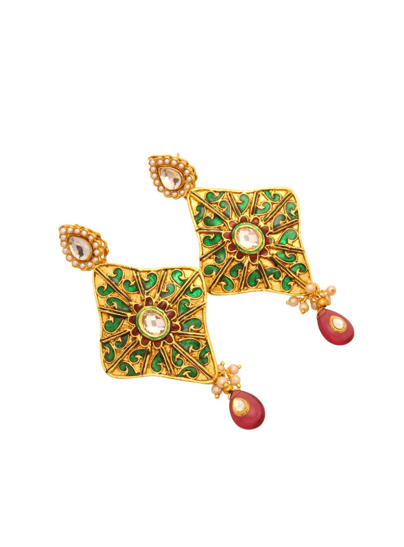 Green and Maroon Copper & Beads Studded Earrings 27308