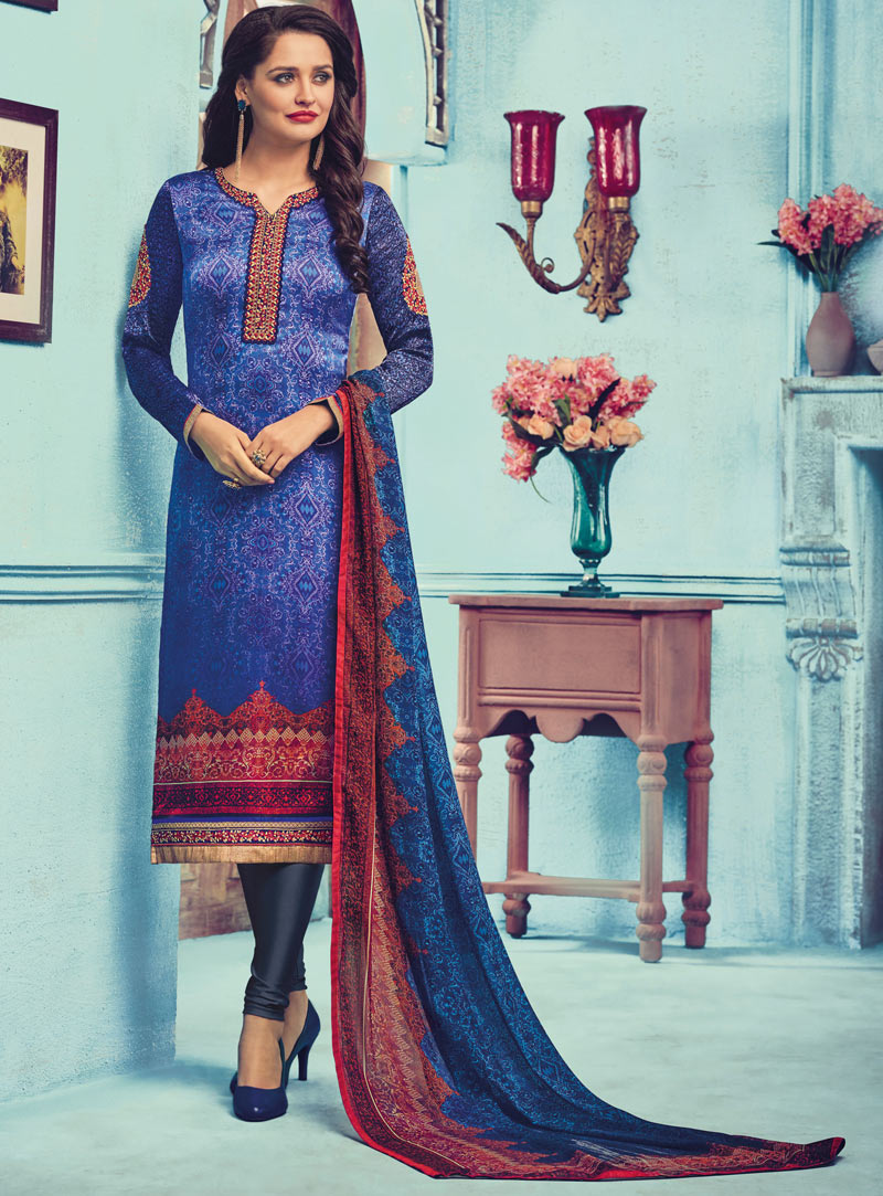 Blue Satin Churidar Salwar Kameez 91296