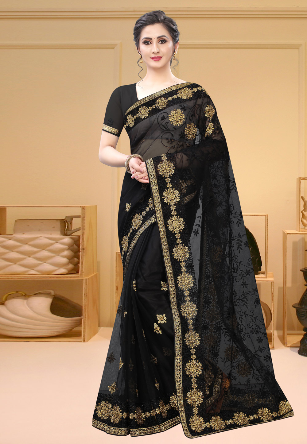 Black Net Saree With Blouse 213713