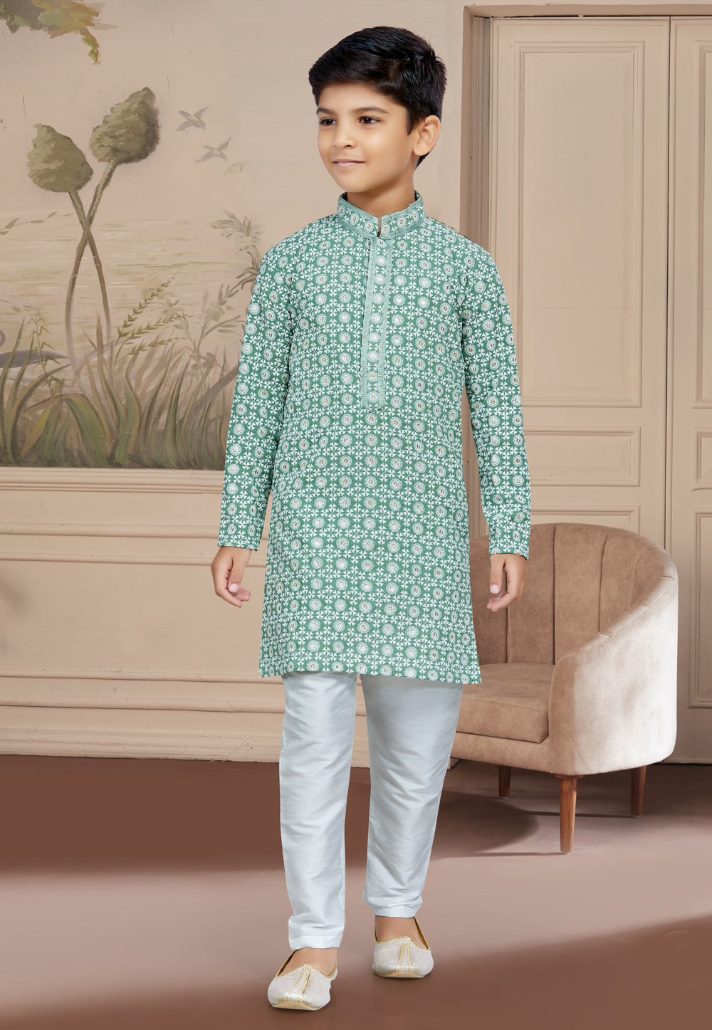 Light Green Rayon Readymade Kids Kurta Pajama 267597