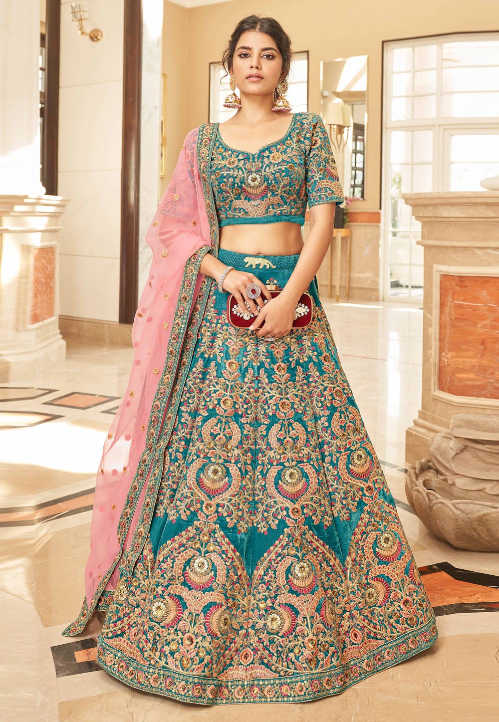 Teal Velvet A Line Lehenga Choli 266209