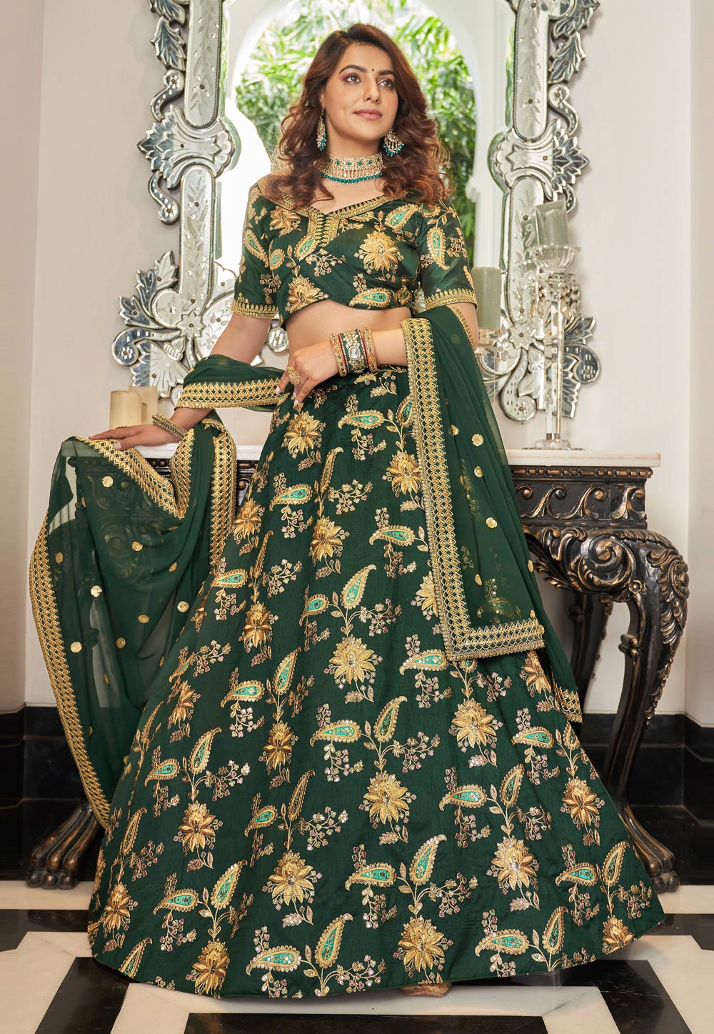 Green Art Silk A Line Lehenga Choli 266210