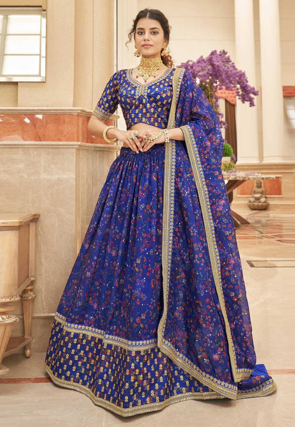 Blue Organza Floral Lehenga Choli 266211