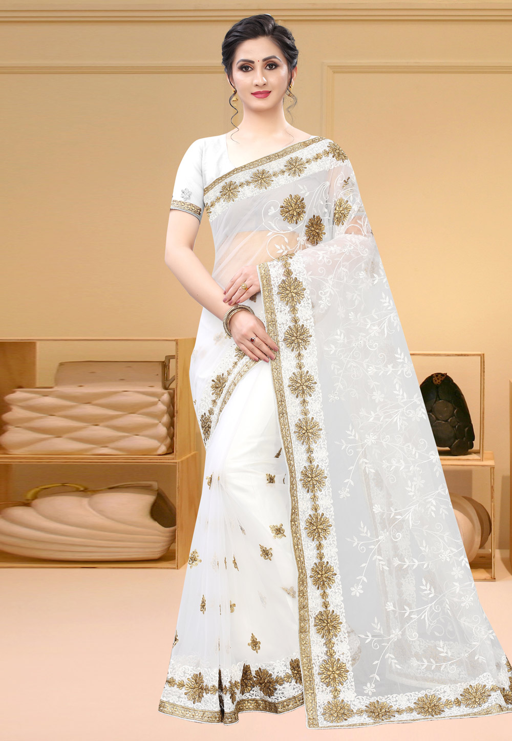 White Net Festival Wear Saree 213714