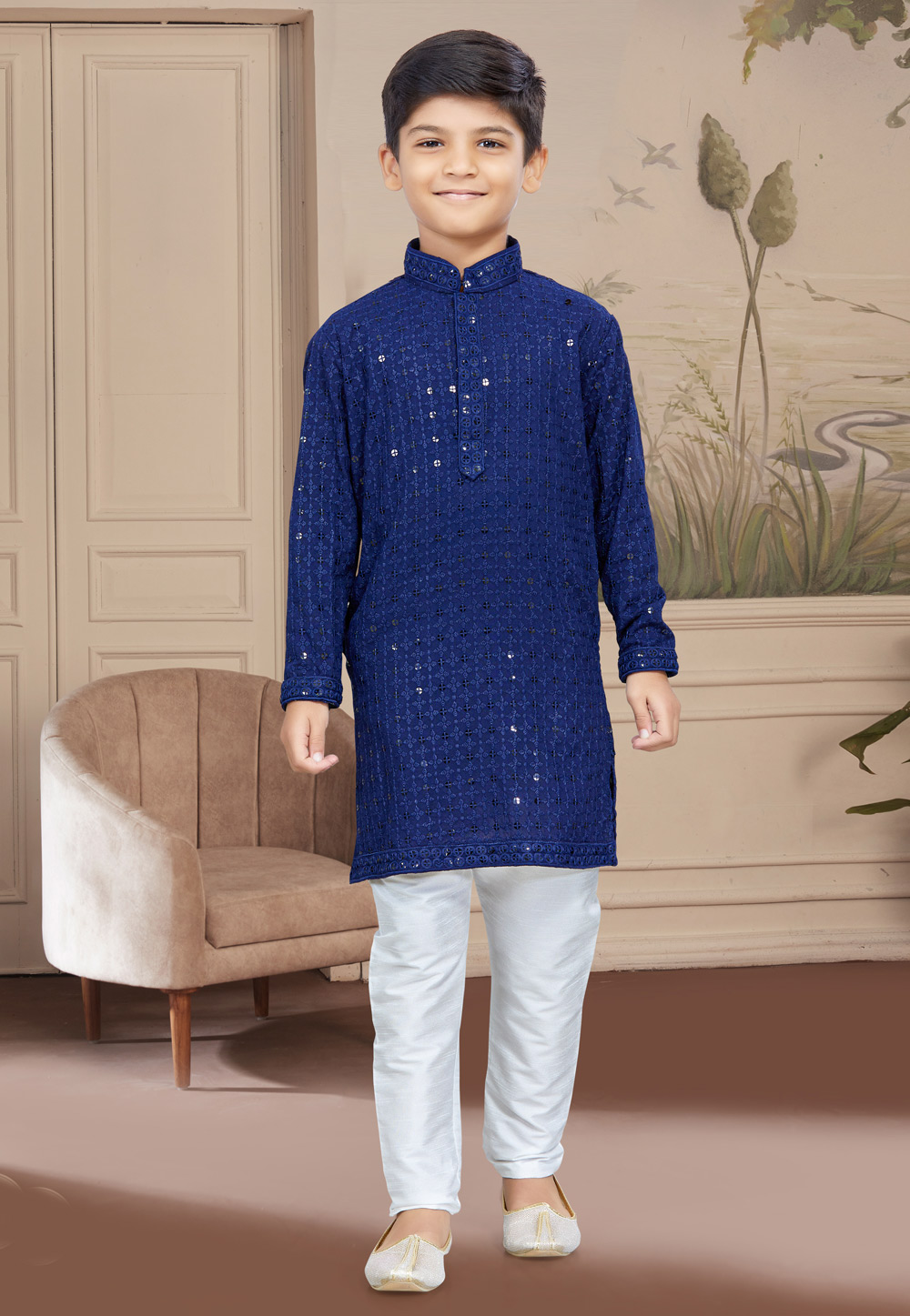 Navy Blue Rayon Readymade Kids Kurta Pajama 267598