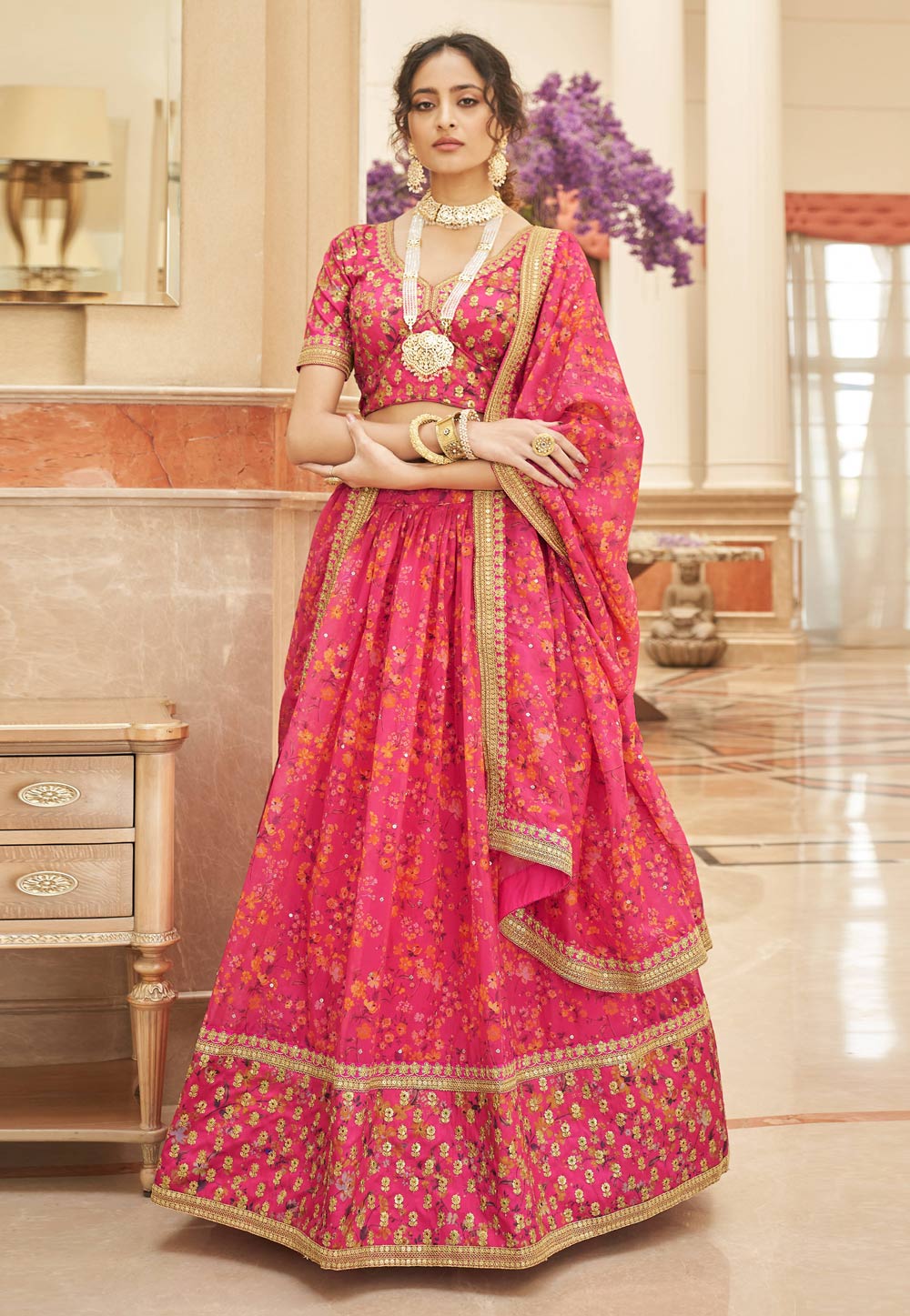Pink Organza Floral Lehenga Choli 266212