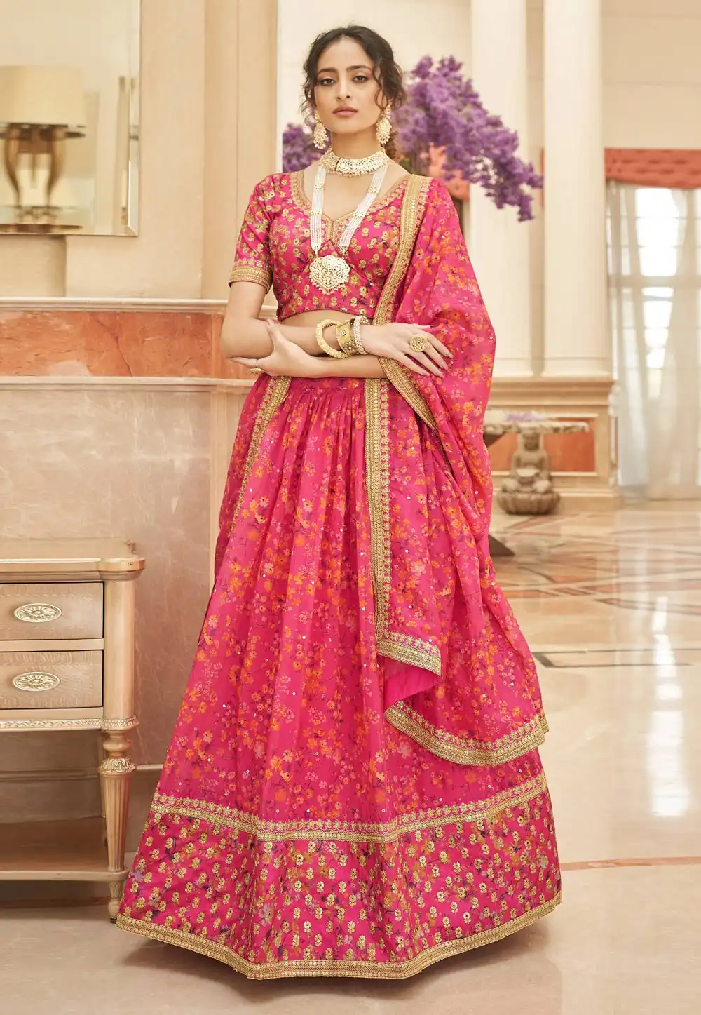Pink Organza Floral Lehenga Choli 266212
