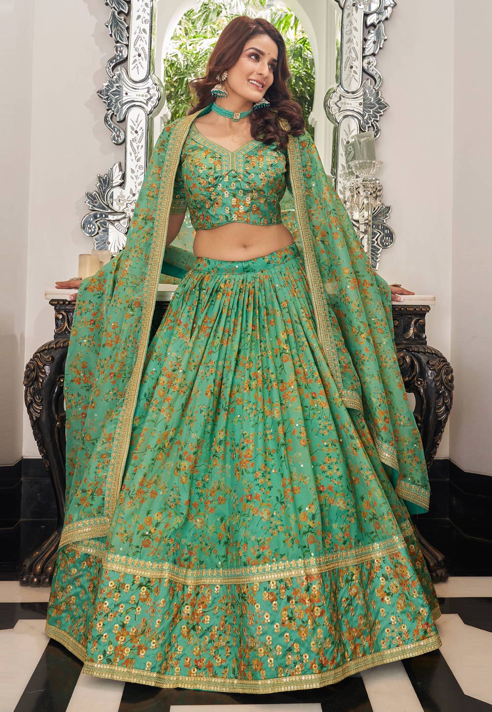 Sea Green Organza Floral Lehenga Choli 266213