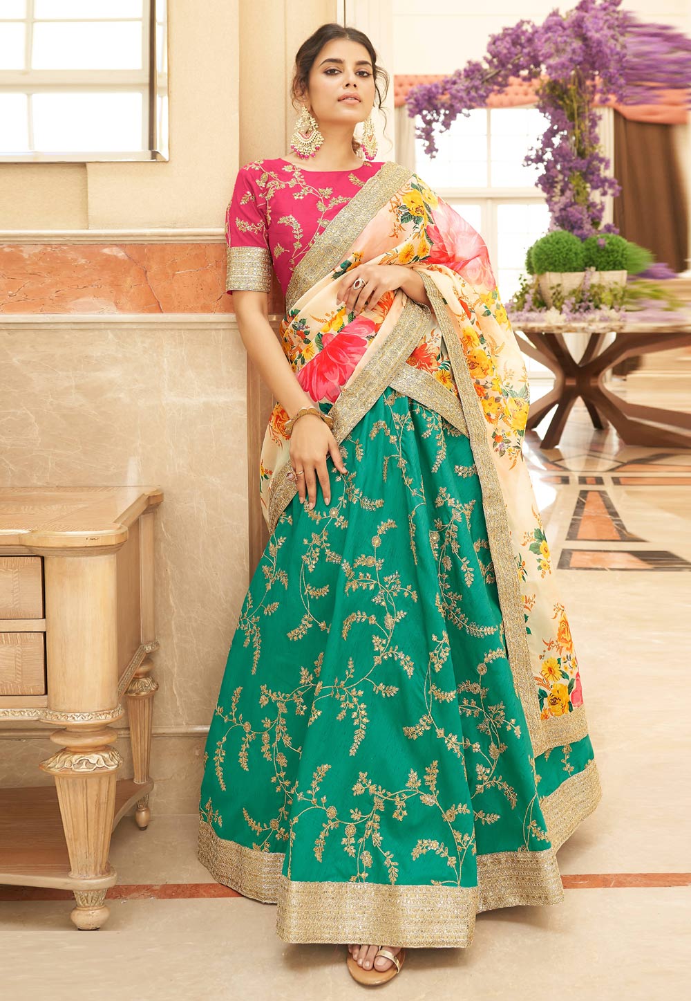 Sea Green Art Silk A Line Lehenga Choli 266214
