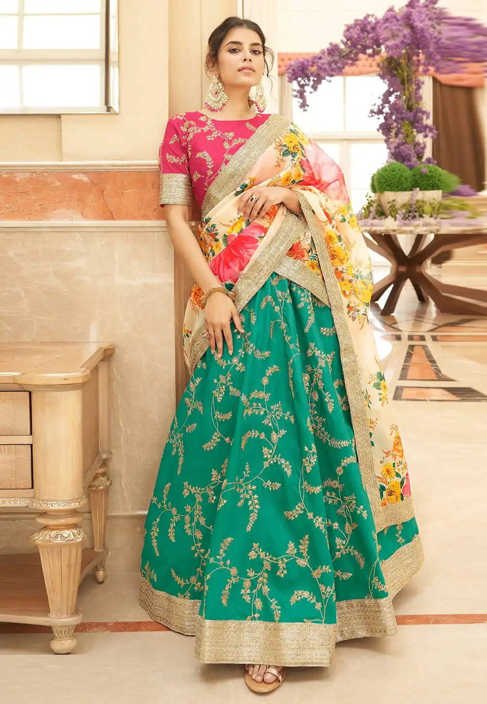 Sea Green Art Silk A Line Lehenga Choli 266214