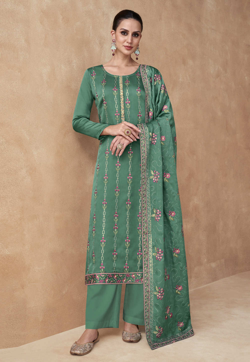 Trendy Green Georgette Trendy Fashioner Pakistani Trouser Salwar Suit Collection With Green Santoon main image 0