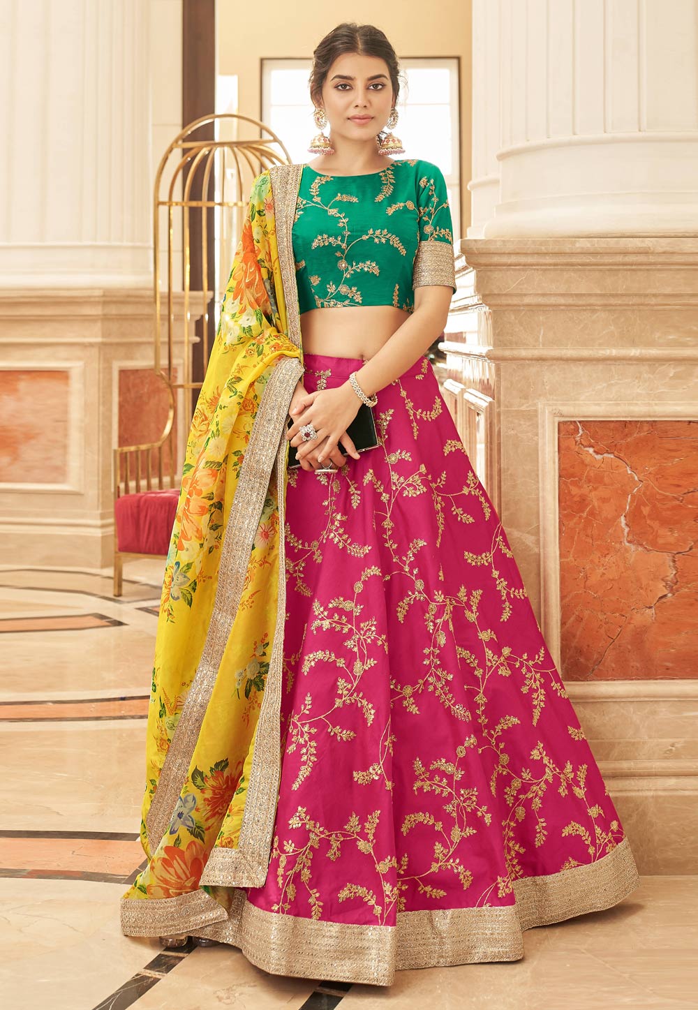 Pink Art Silk A Line Lehenga Choli 266215