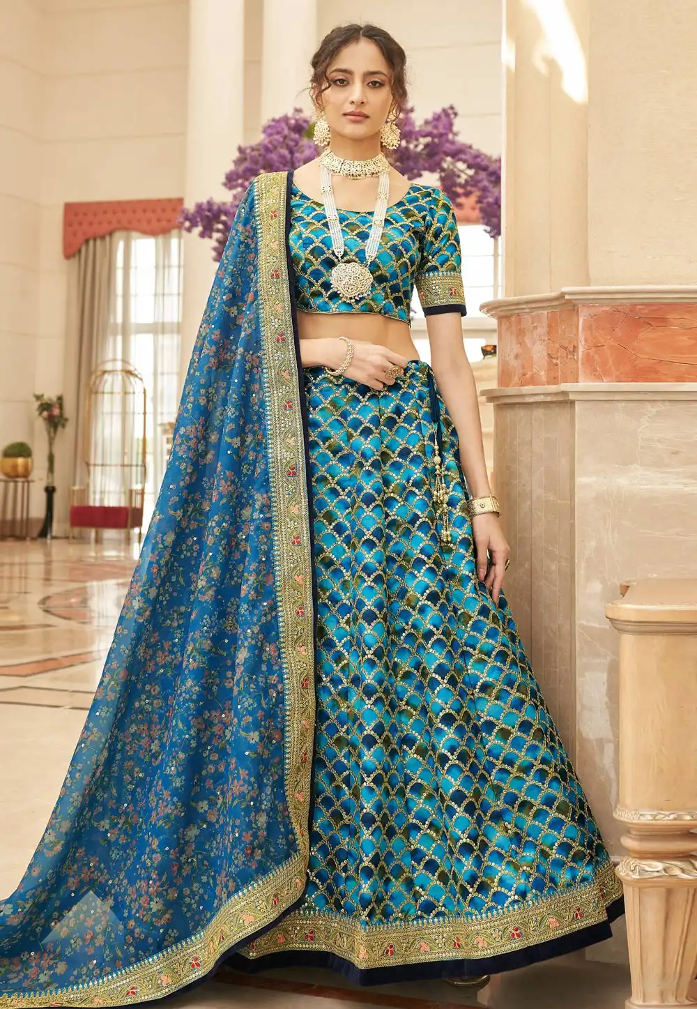 Blue Art Silk A Line Lehenga Choli 266216