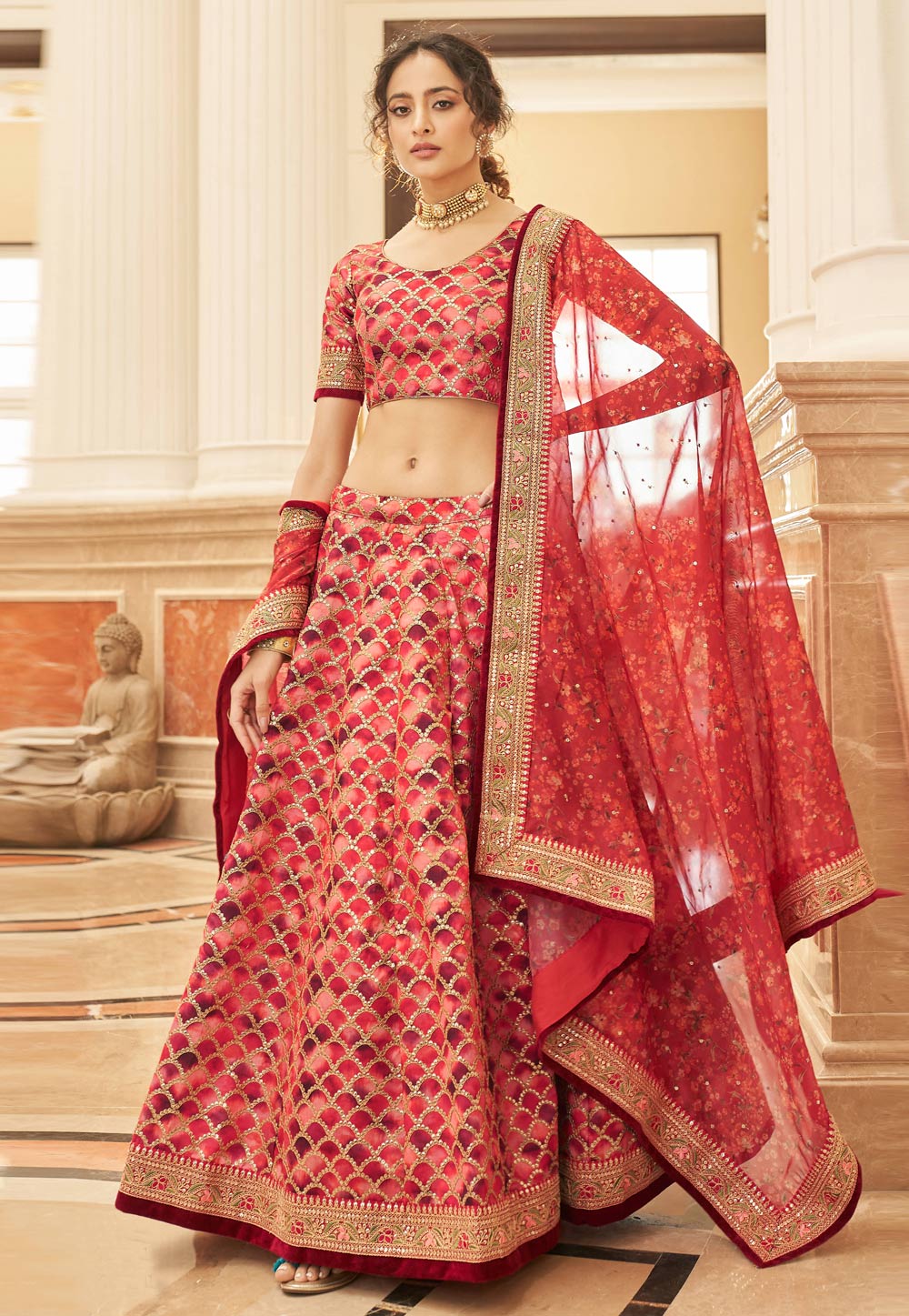 Red Art Silk A Line Lehenga Choli 266217