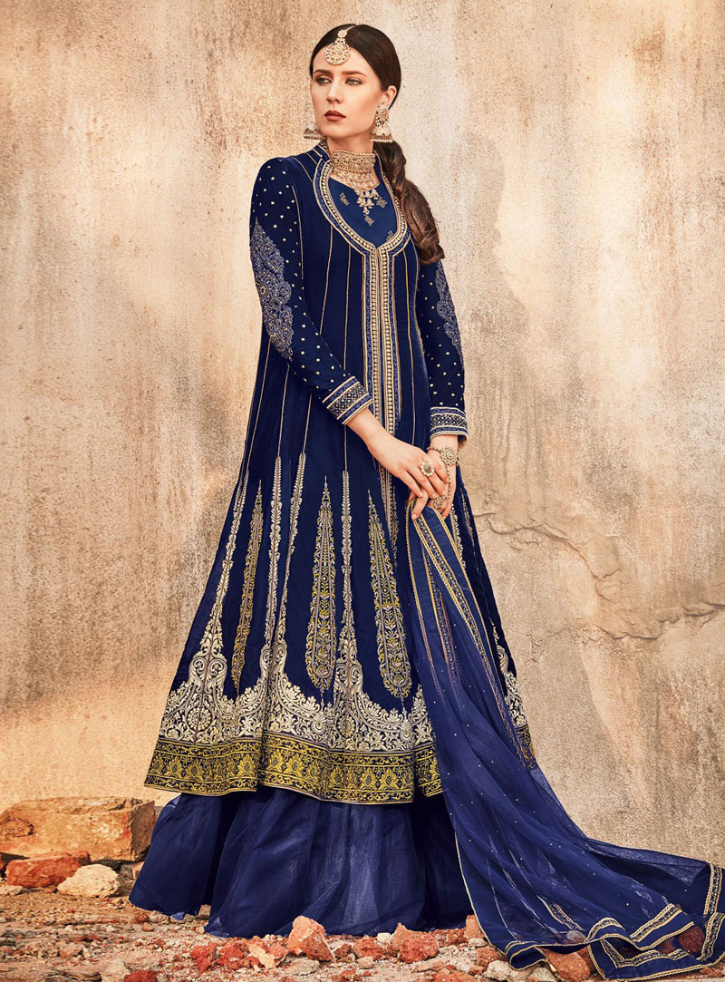 Navy Blue Velvet Jacket Style Long Choli Lehenga 121443