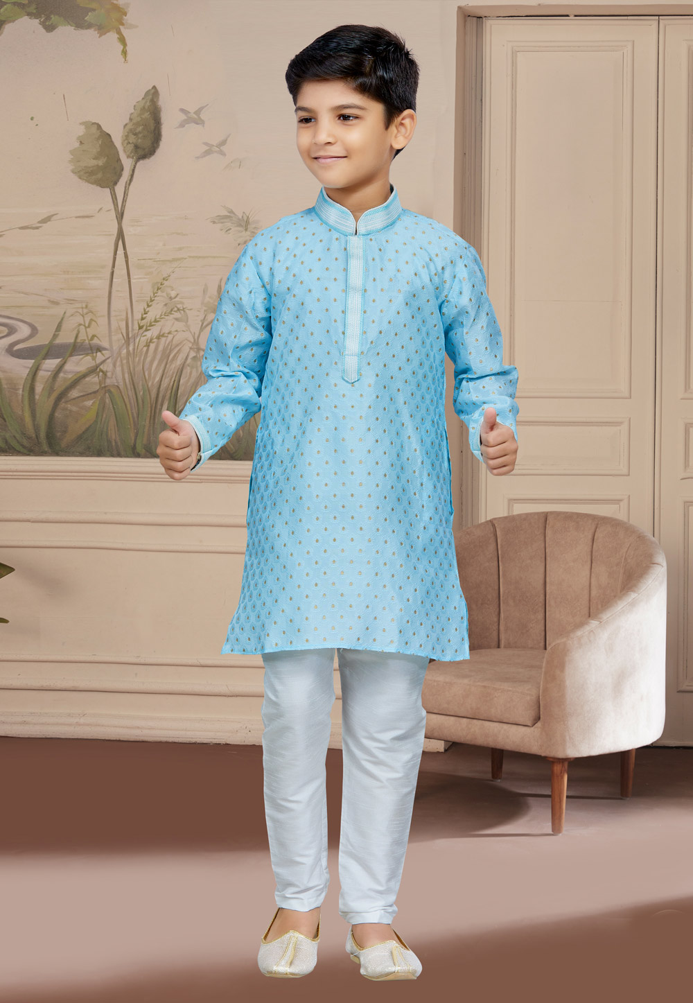 Sky Blue Jacquard Readymade Kids Kurta Pajama 267599