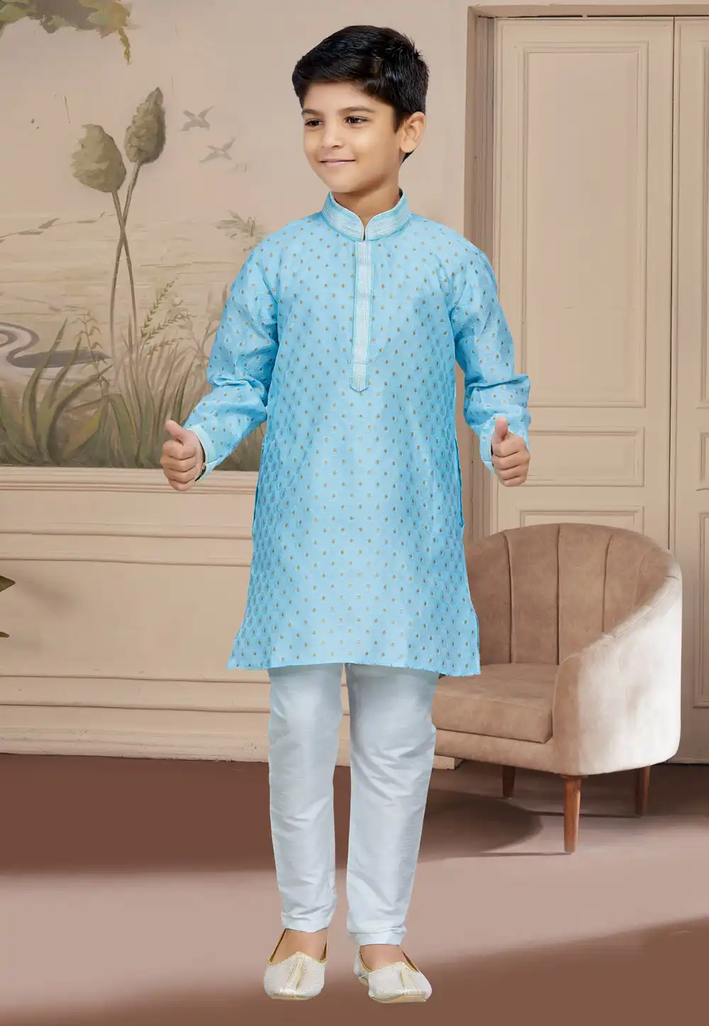 Sky Blue Jacquard Readymade Kids Kurta Pajama 267599