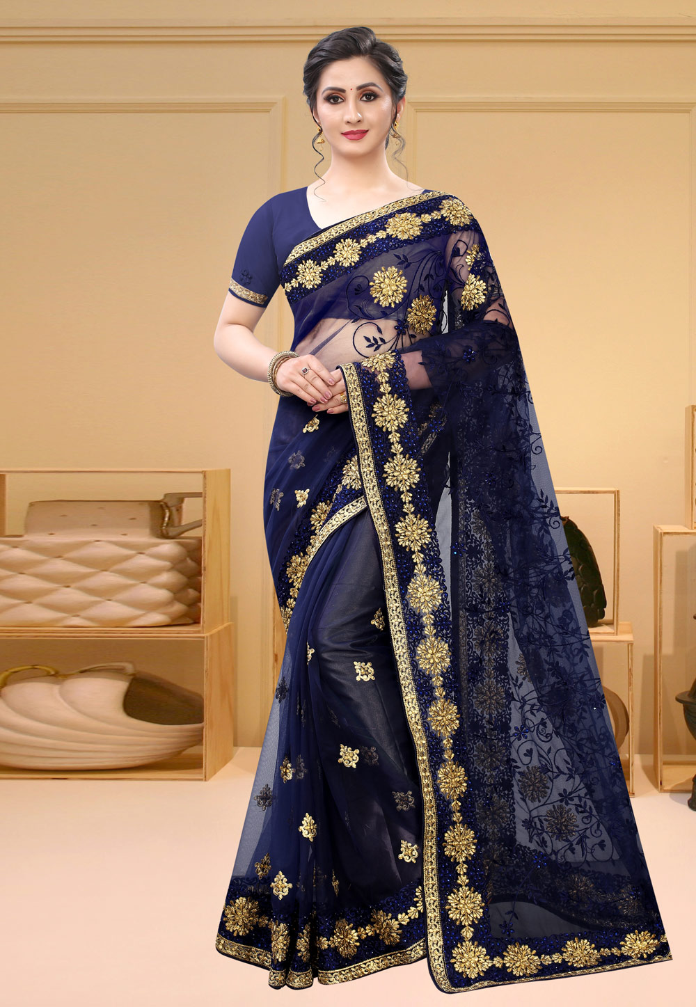 Navy Blue Net Festival Wear Saree 213716