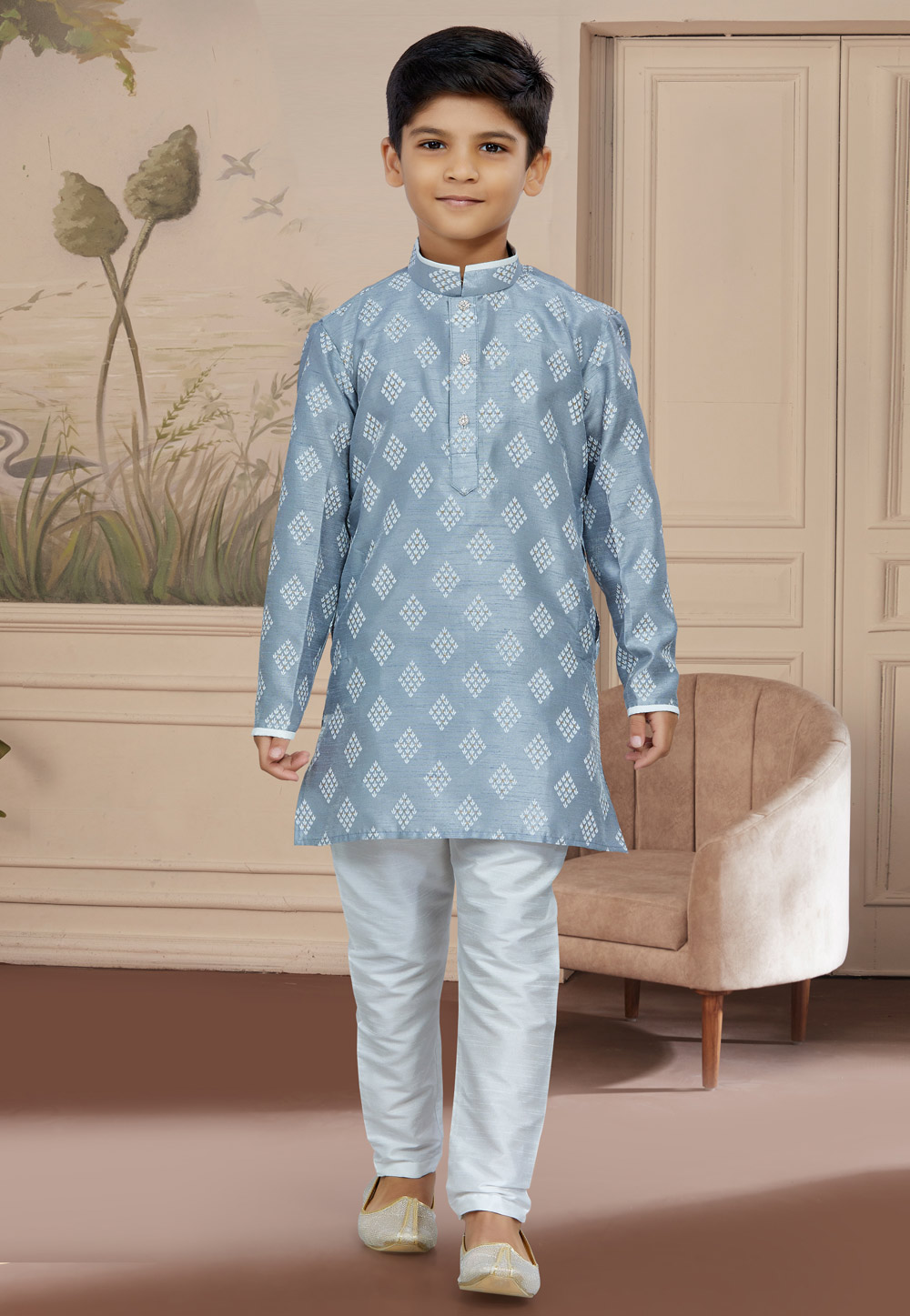 Grey Art Silk Readymade Kids Kurta Pajama 267600
