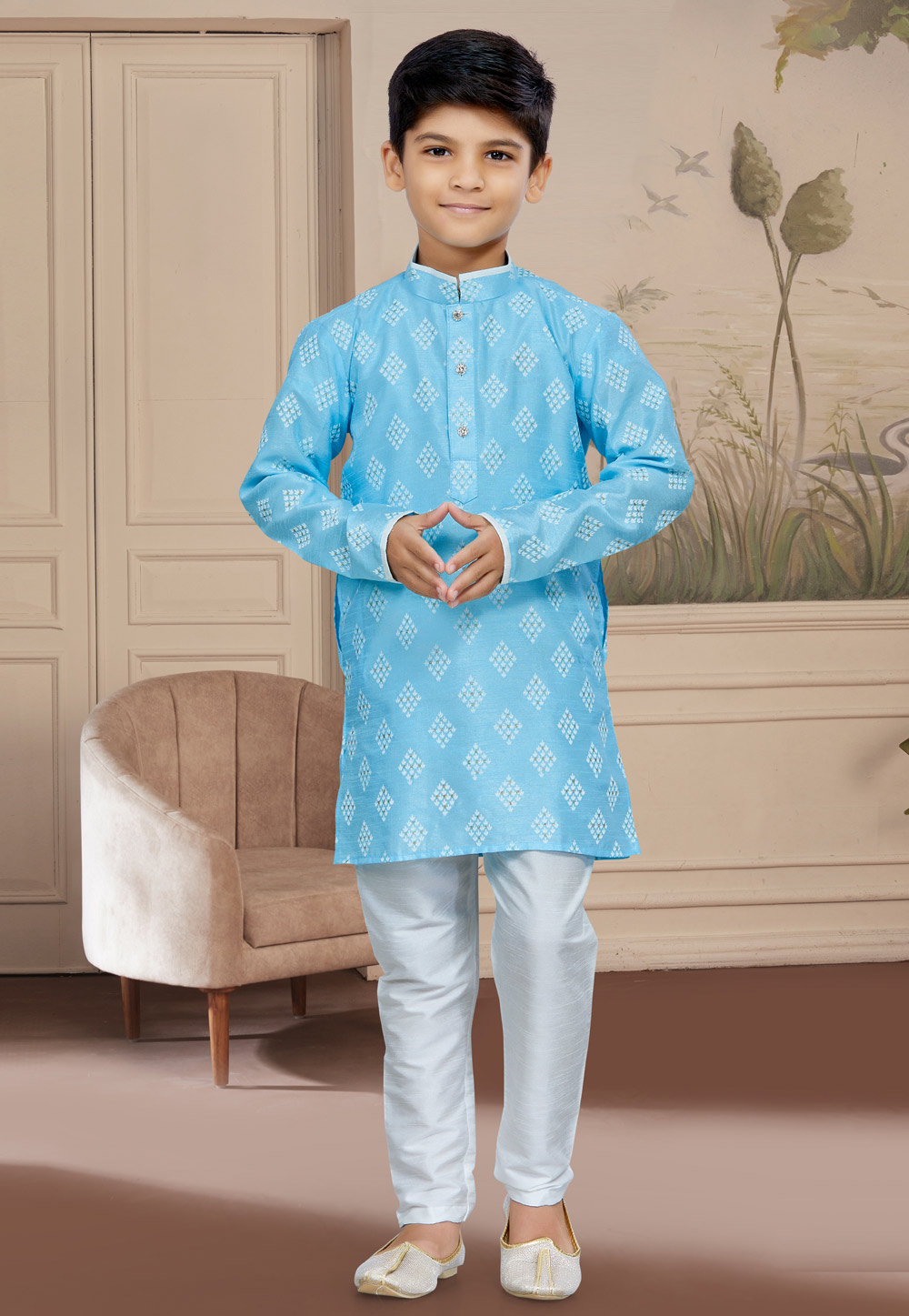 Sky Blue Art Silk Readymade Kids Kurta Pajama 267601