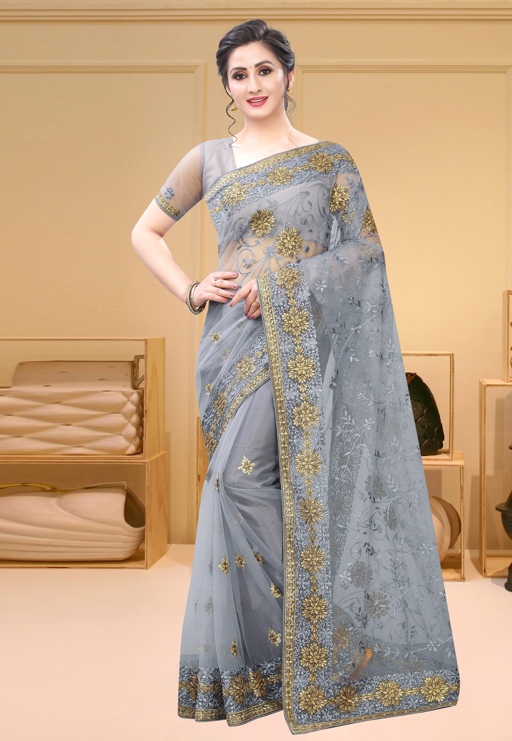 Grey Net Festival Wear Saree 213718