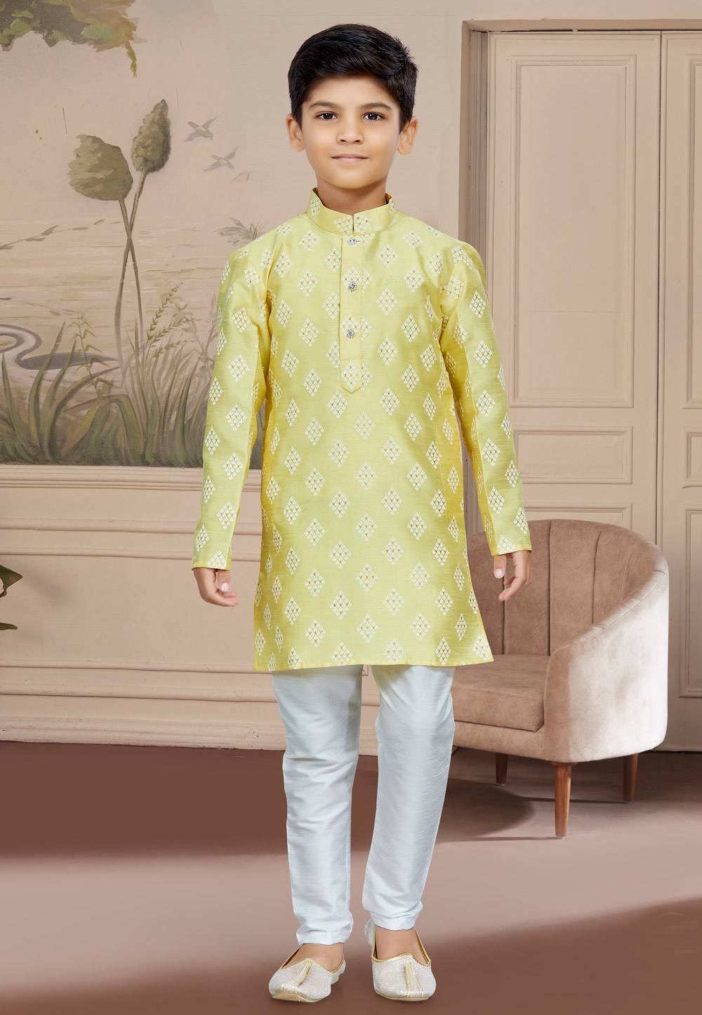 Yellow Art Silk Readymade Kids Kurta Pajama 267602