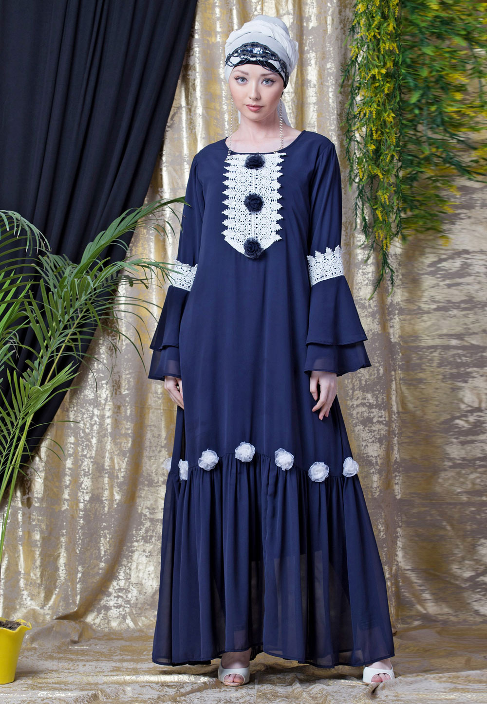Navy Blue Polyester Readymade Abaya 199061