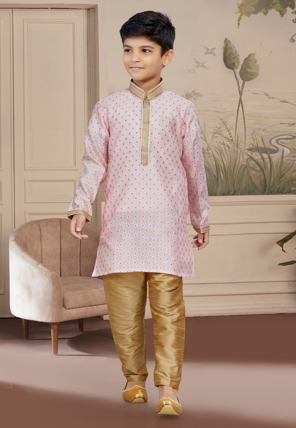 Light Pink Jacquard Readymade Kids Kurta Pajama 267603