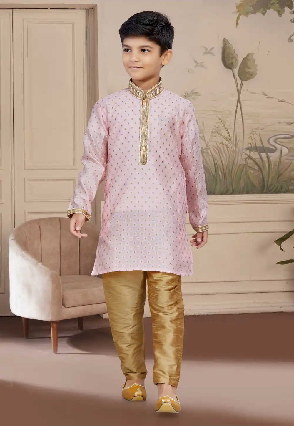 Light Pink Jacquard Readymade Kids Kurta Pajama 267603
