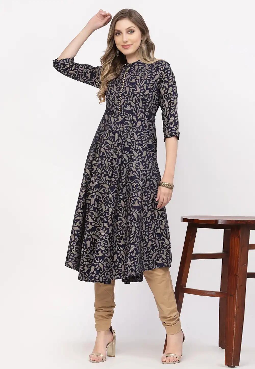Navy Blue Cotton Readymade Churidar Suit 256621