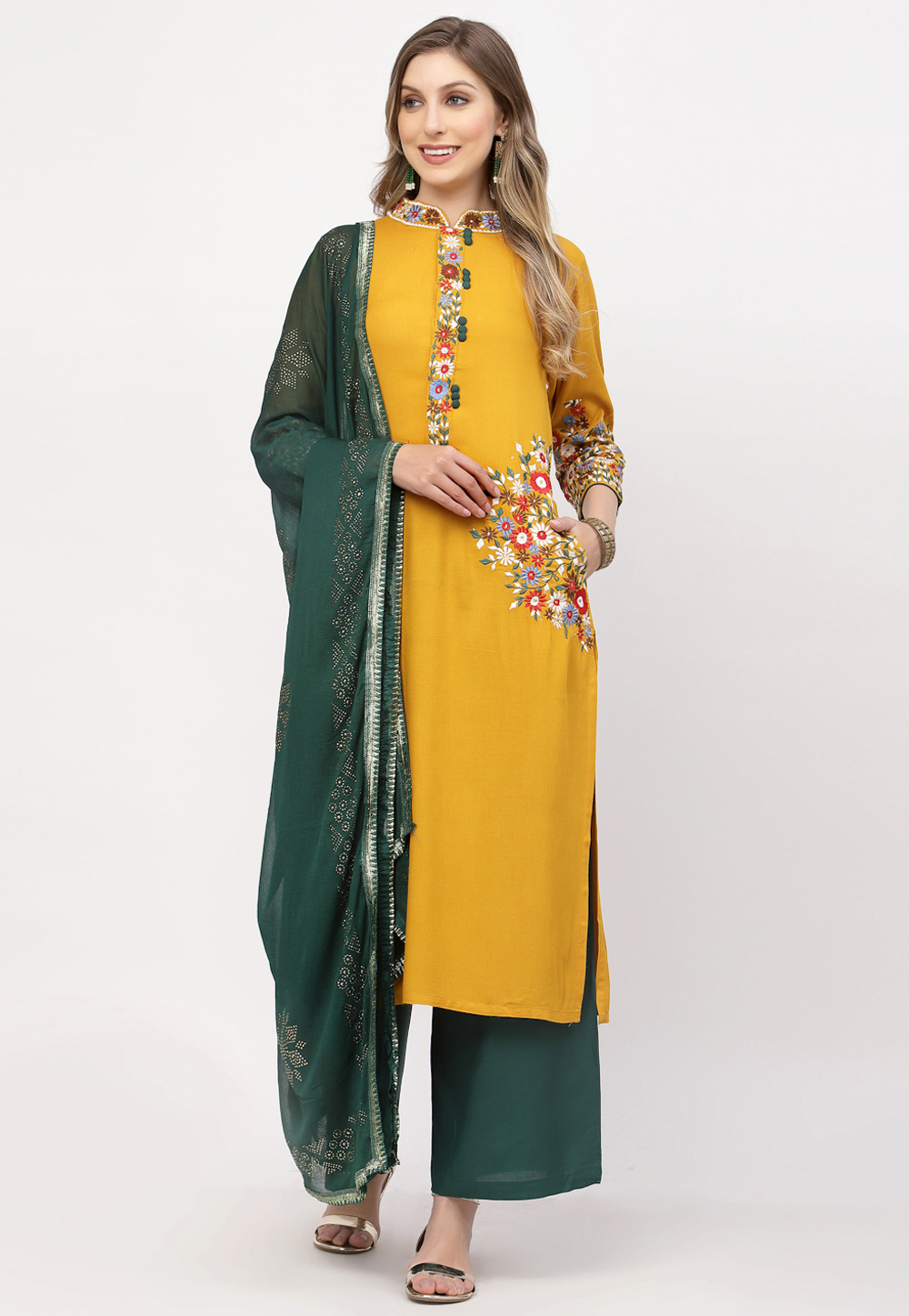Mustard Rayon Readymade Palazzo Suit 256624