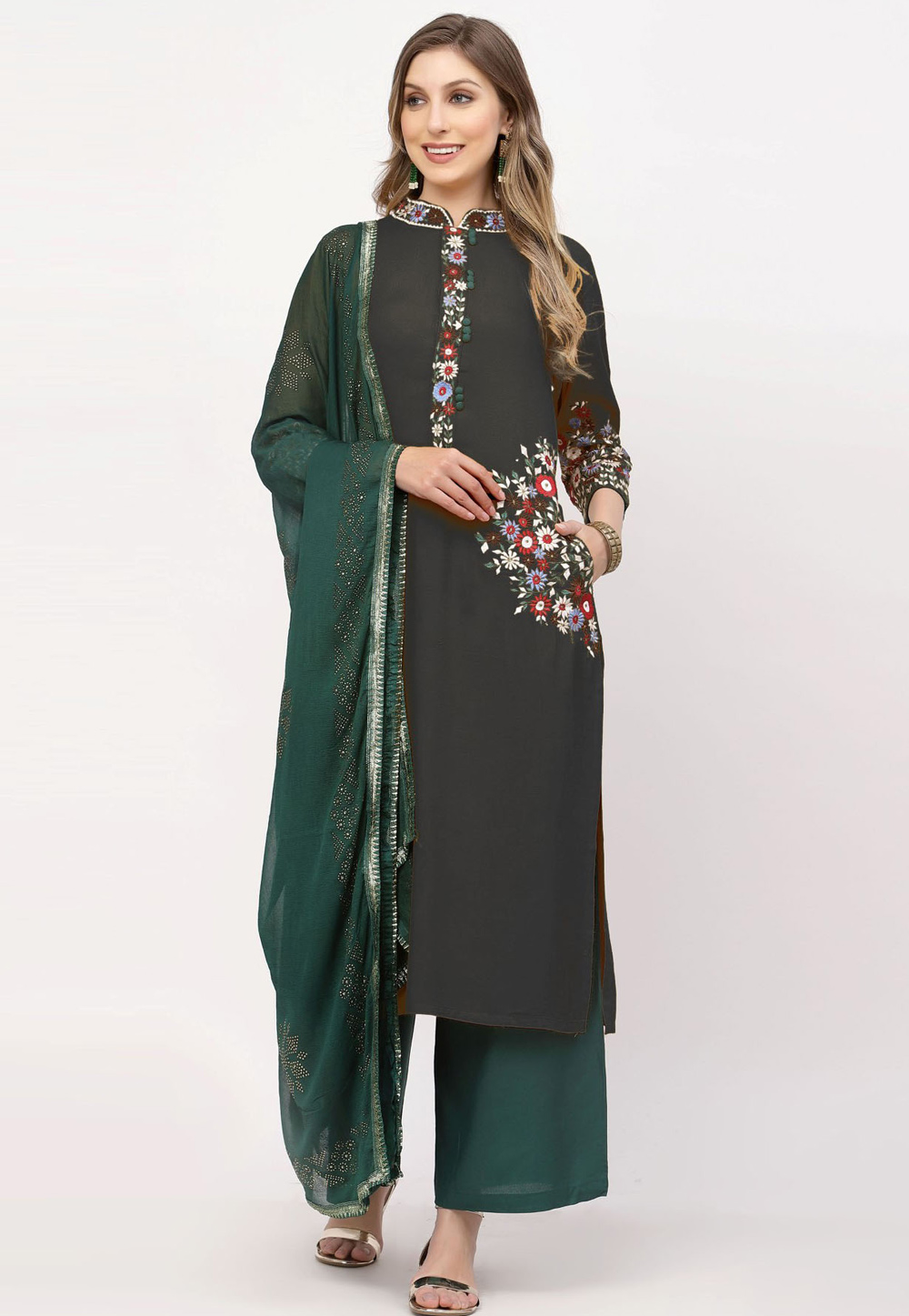 Black Rayon Readymade Palazzo Suit 257706