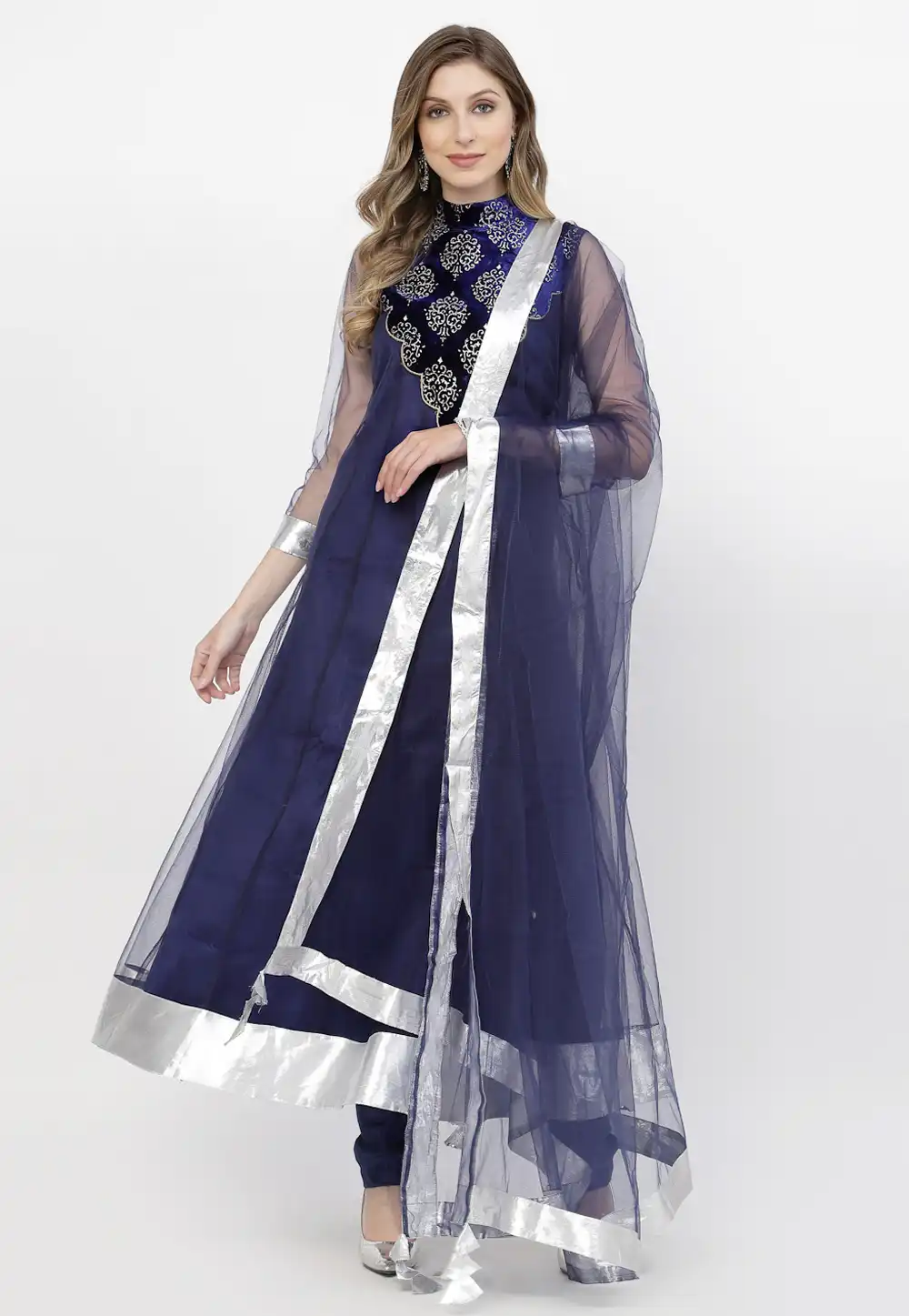 Navy Blue Net Readymade Anarkali Suit 256627
