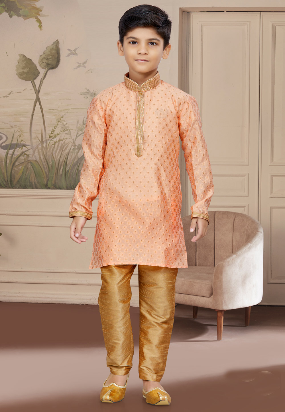Peach Jacquard Readymade Kids Kurta Pajama 267604