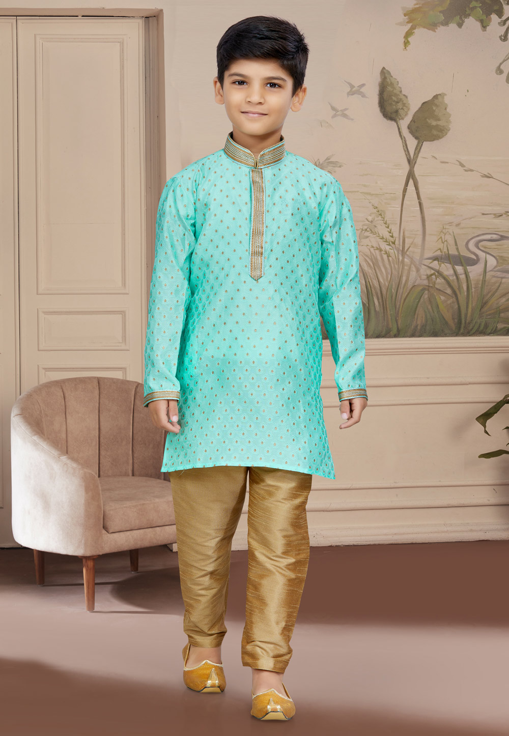 Sea Green Jacquard Readymade Kids Kurta Pajama 267605