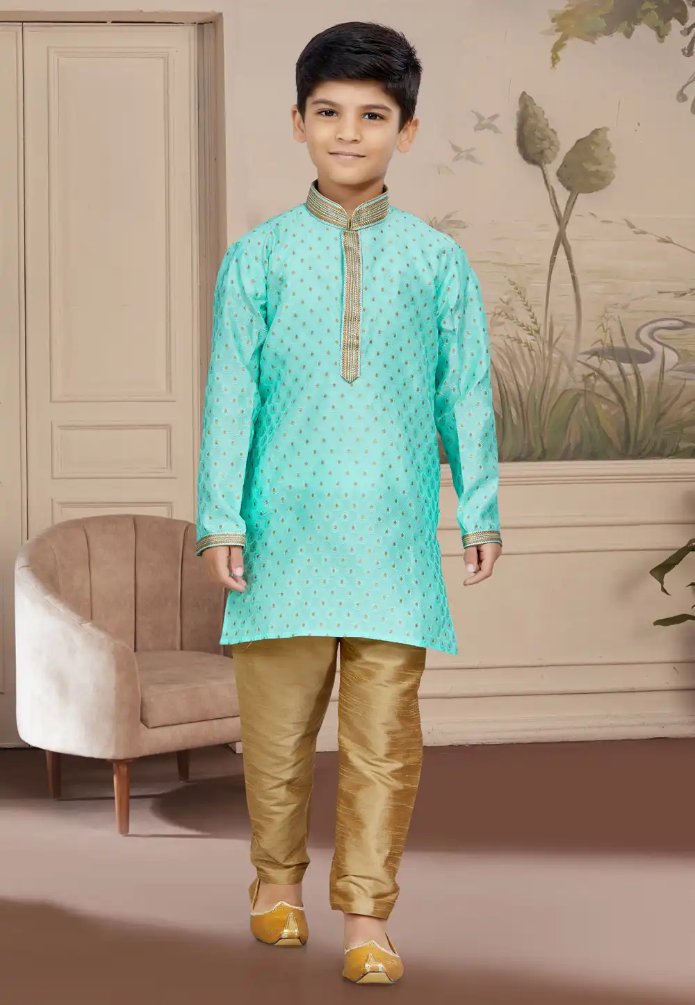 Sea Green Jacquard Readymade Kids Kurta Pajama 267605