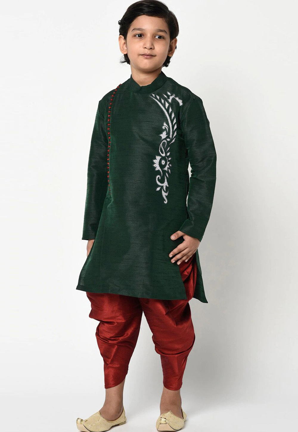Green Dupion Silk Readymade Kids Kurta Pajama 257142