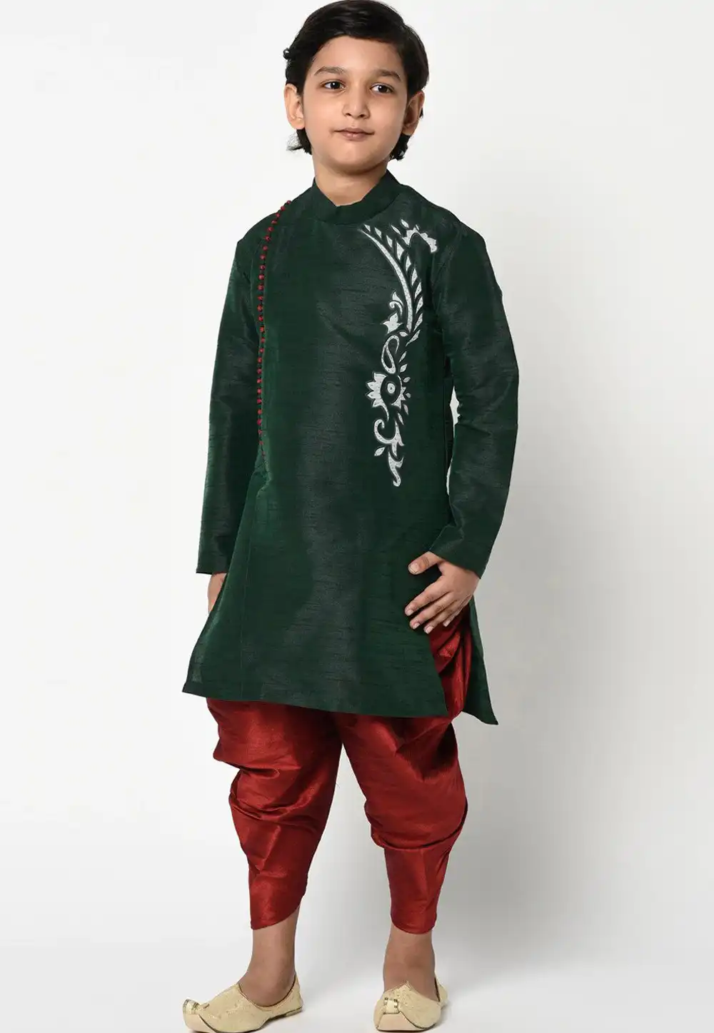 Green Dupion Silk Readymade Kids Kurta Pajama 257142