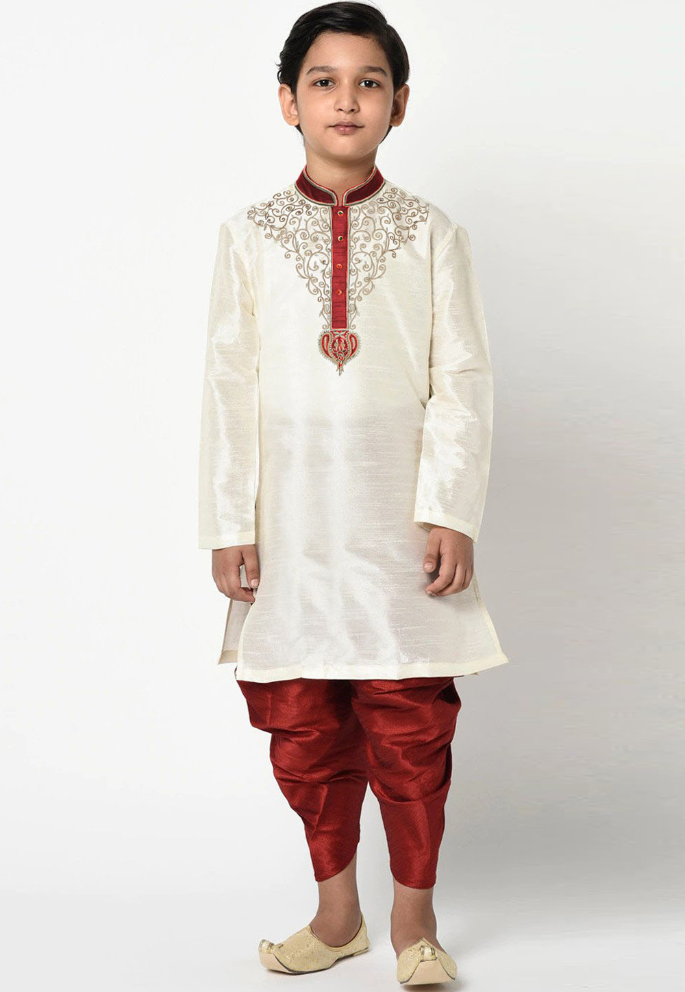 Off White Dupion Silk Readymade Kids Kurta Pajama 257143