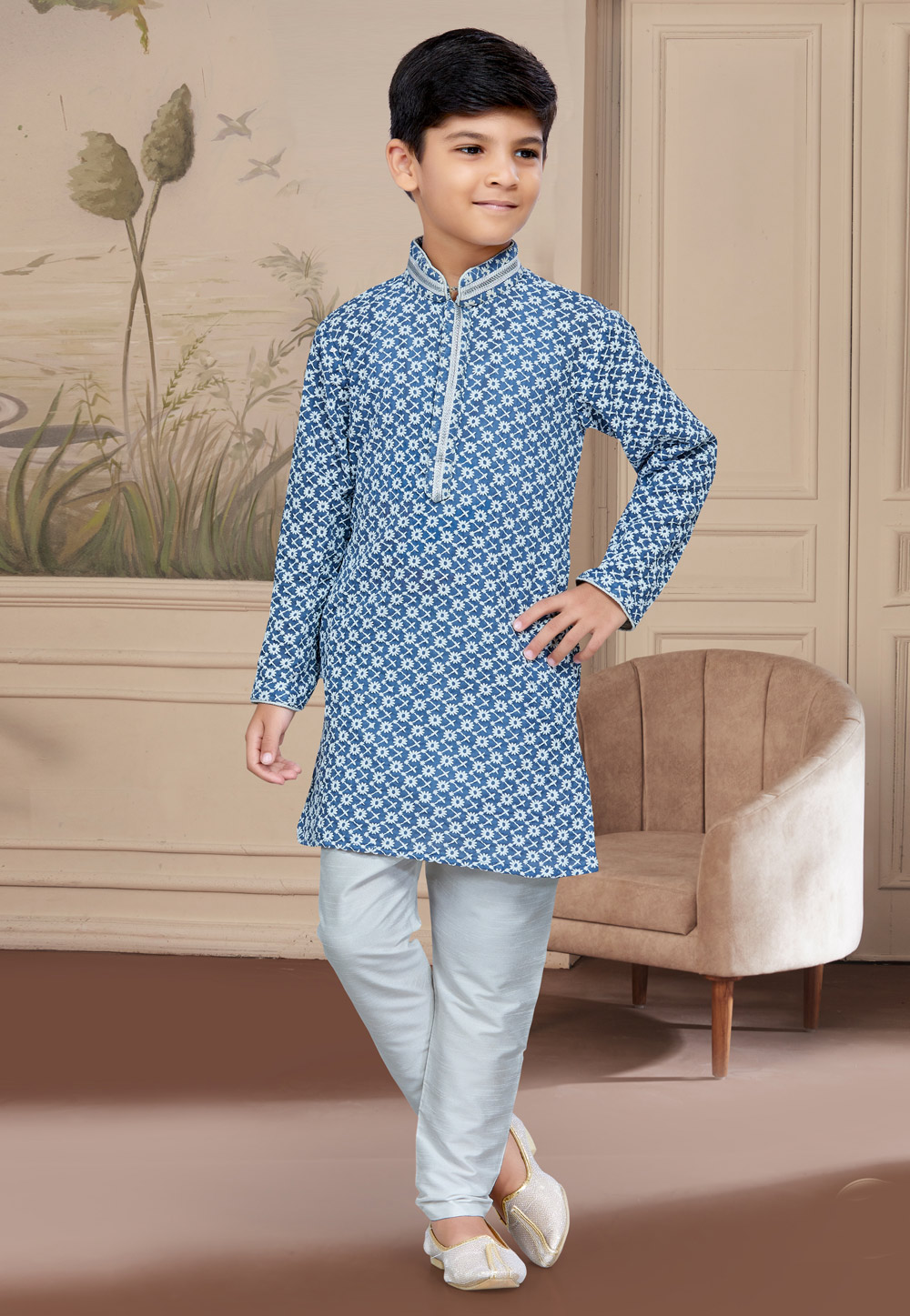 Blue Rayon Readymade Kids Kurta Pajama 267606